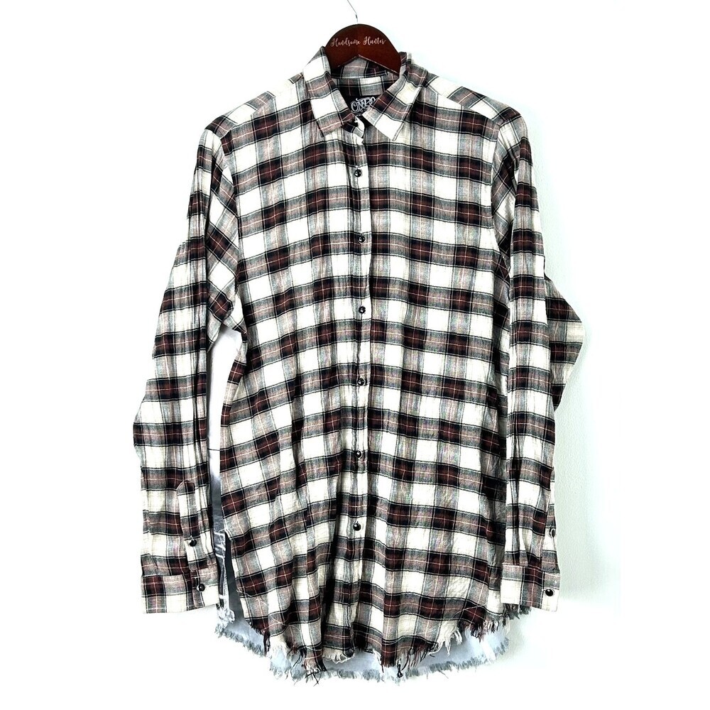 One 24 Rags Long Sleeve Shirt  Womens XL Vintage Football Plaid Frayed 1343E4